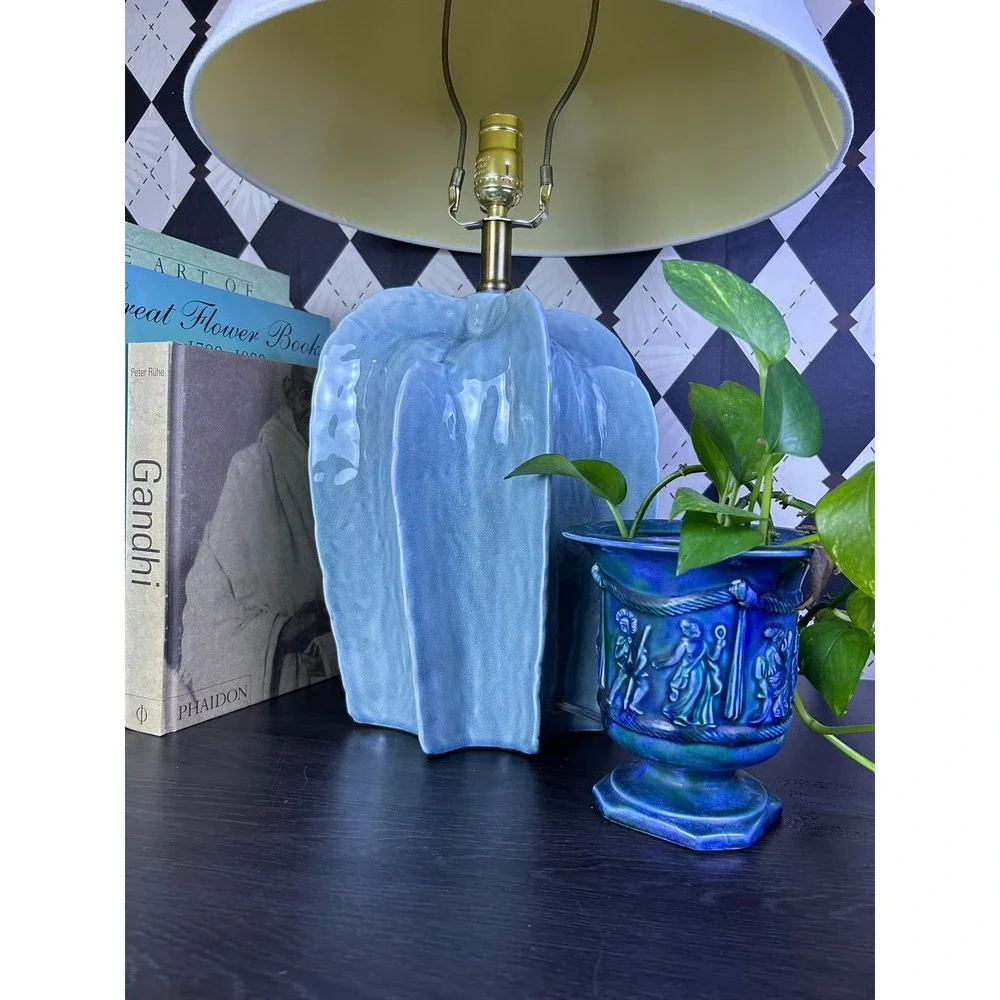 Large Sculptural Blue Pottery Table Lamp Fluted Statement Lighting 25